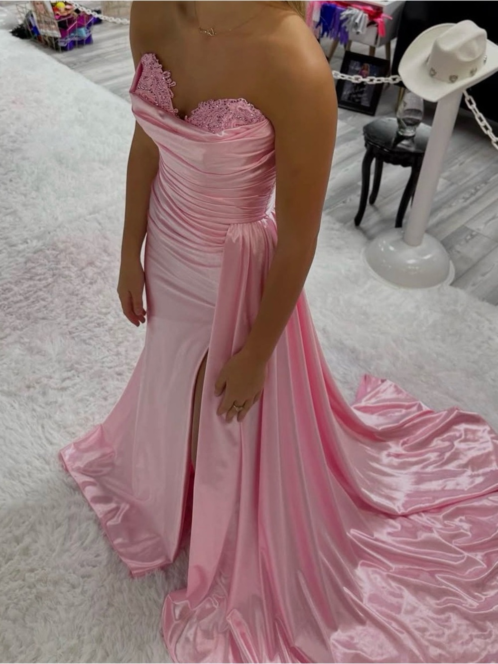 Sherri Hill Pink Satin Strapless Sweetheart Prom Gown
